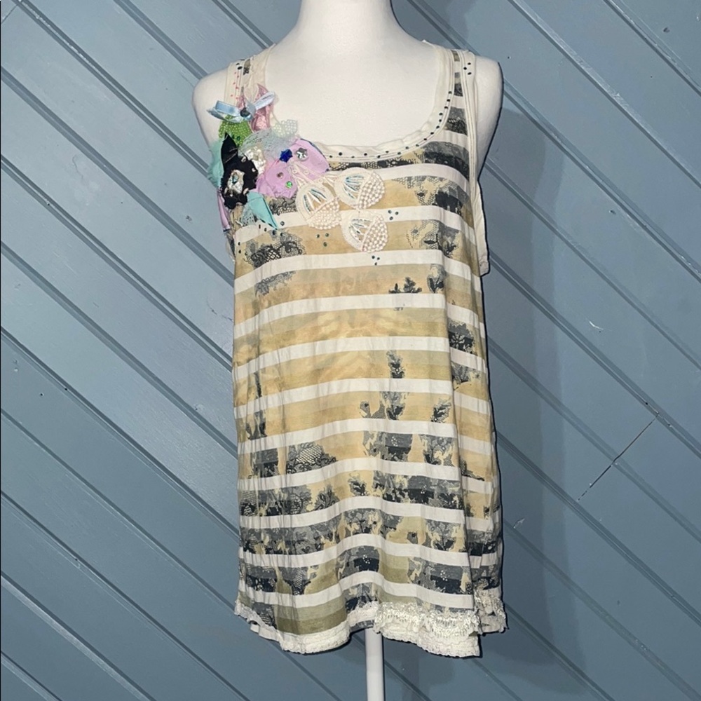 Handmade Unique One-of-a-kind Tan Embellished Vintage Lace Relaxed Tank Top